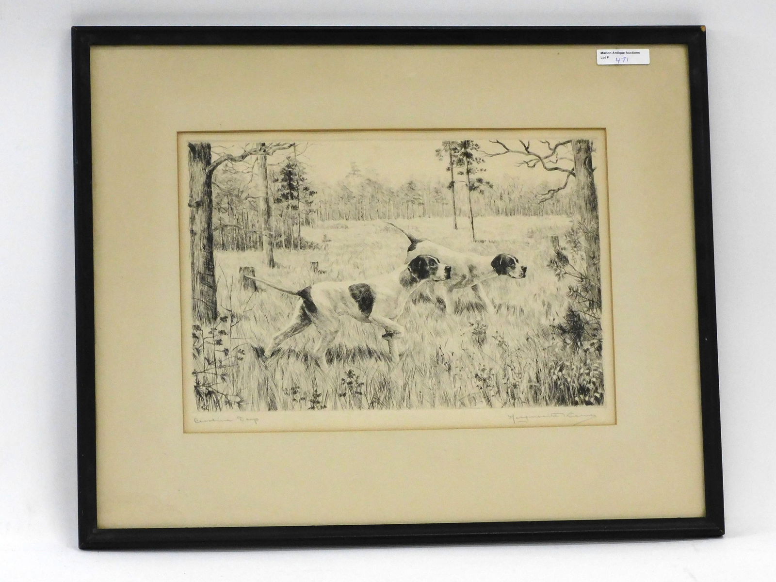 Marguerite Kirmse (1885-1954): etching titled "Carolina Days", signed lower right, titled lower left. Sight size 9 3/4" x 14", overall with frame 17" x 20 3/4".