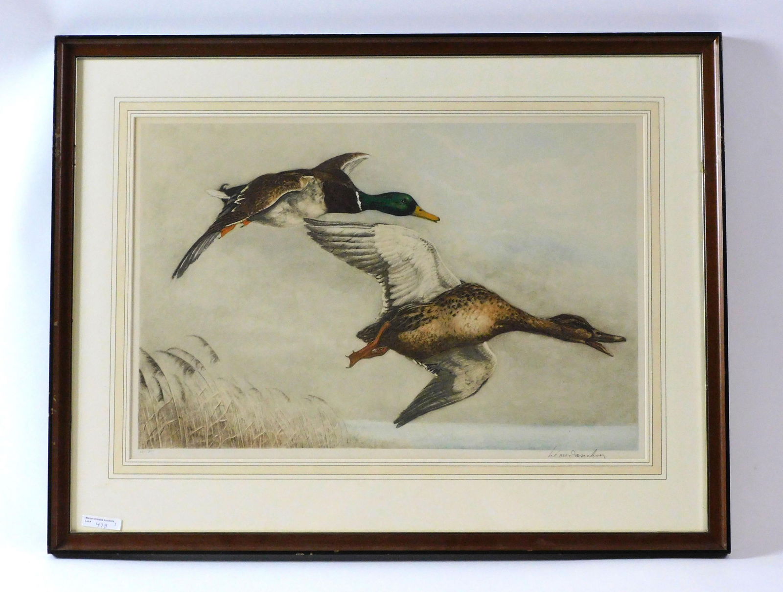 Leon Danchin (1887-1938): France, (3) colored lithographs, all 3 are pencil signed. 1) Ducks in Flight #109/500, sight size 15 1/4" x 23", overall with frame 23" x 30 1/4". 2) Ducks in Flight #261/500, sight size 15 3/4" x 23