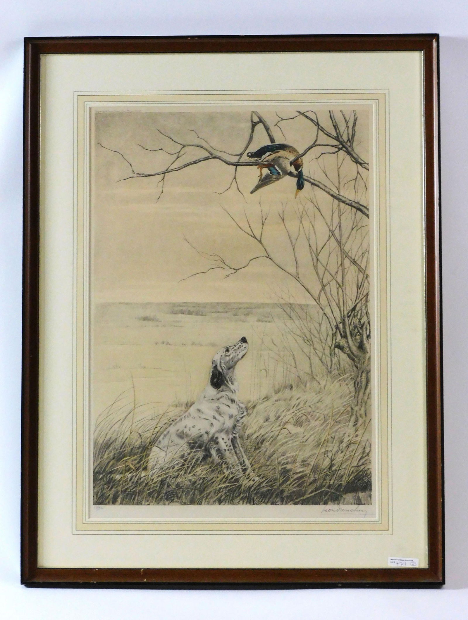 Leon Danchin (1887-1938): France, (2) colored lithographs 1) Hunting Dog retrieving Bird #60/500, signed in pencil lower right, 10 3/4" x 18 3/4", overall with frame 18 1/2" x 26 1/2". 2) Hunting Dog retrieving Duck in Tree, s
