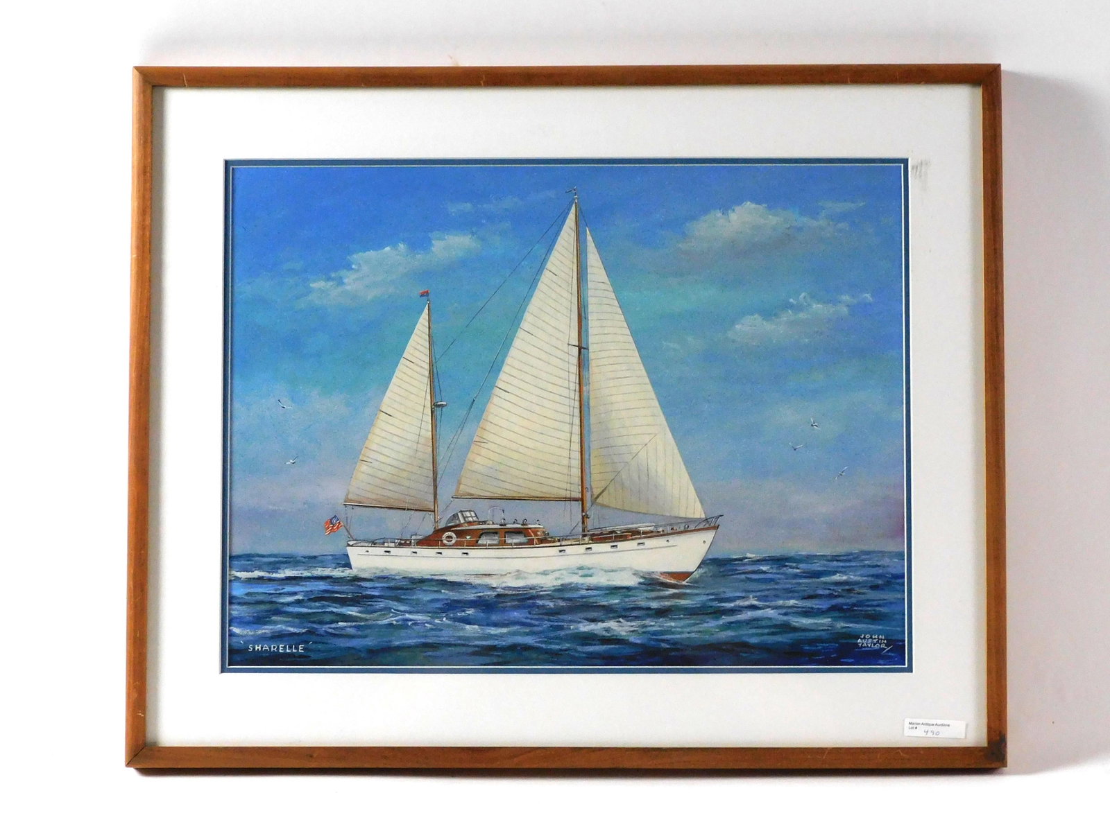 John Austin Taylor (20Th C New York): Watercolor. Titled "Sharelle", depicting a sailing yacht, signed lower right, titled lower left. Sight size 15” x 19 1/2”, overall with frame 20 1/2” x 25 1/2”. Nicely framed a