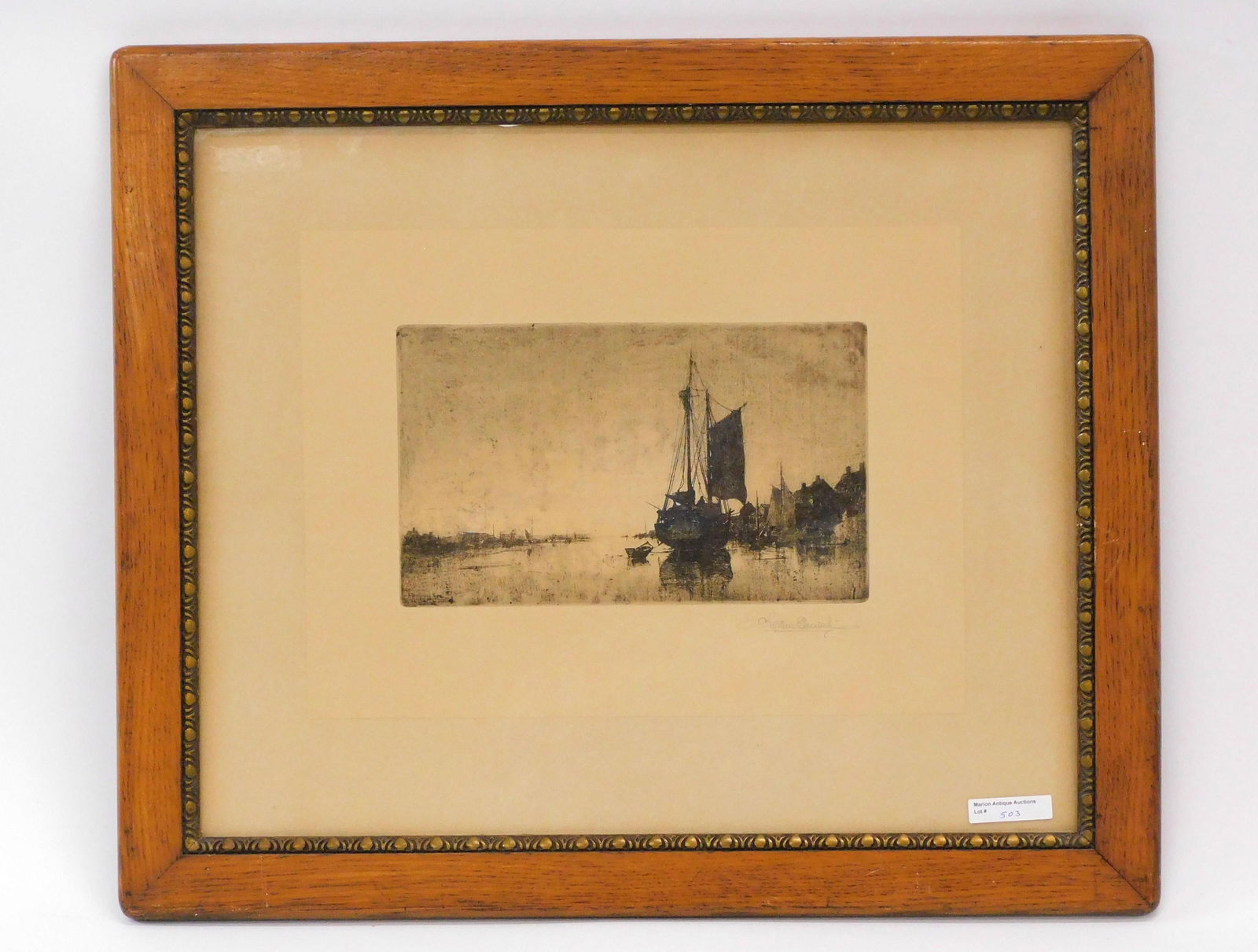Steven Maxfield Parish (1846-1938): Pennsylvania and New Hampshire. Etching of sailboat in river. Signed in pencil lower right. Sight size is 10" x 13 3/4". In a period oak frame which is 18 1/2" x 22".