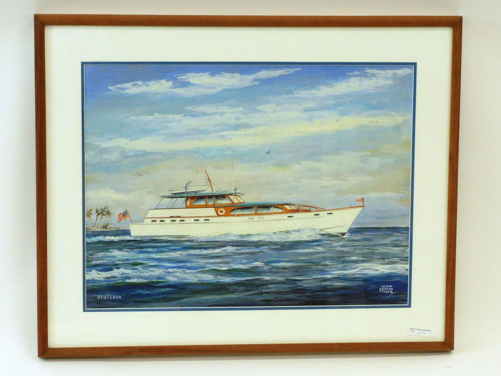 John Austin Taylor (20Th C. New York): New York. Portrait of the motor yacht Deuteron flying American flag in tropical waters. Sight size 14 3/4" x 19 1/2". With frame 20 1/2" x 25 1/2".