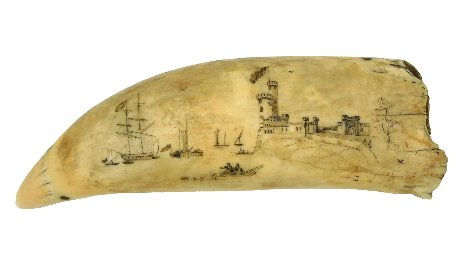 Scrimshaw Tabua.: 19th C. A rare engraved sperm whale tooth featuring a British harbor scene (recto) with ships and castle, and a ship under sail (verso). It has two holes drilled through the tooth for sinnet cord. The