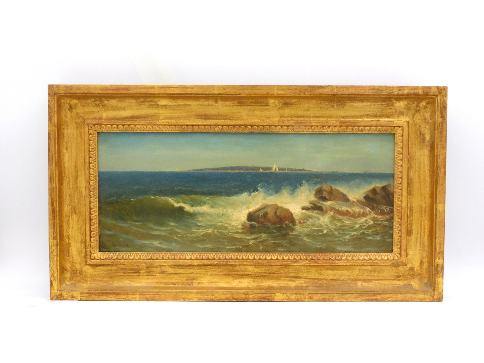 Charles Henry Gifford Baker's Island: 19th C. Charles Henry Gifford (1839-1904, Massachusetts) oil on canvas painting: coastal scene with rocks and ships, signed lower left and marked "study'. Housed in a modern gilded frame. Sight: 6-3/4