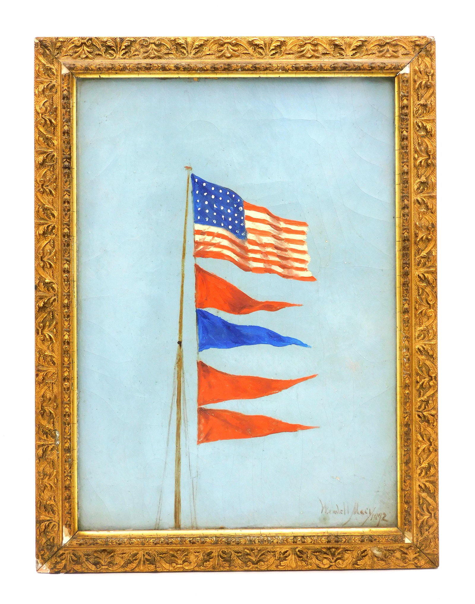 Wendall Macy (1845-1913): Nantucket and New Bedford artist, oil painting on canvas. Nantucket house and signal flags, signed lower right, dated 1892. 14" x 9 3/4" sight size, overall 16 1/2" x 12" in gilded frame. Minor paint 