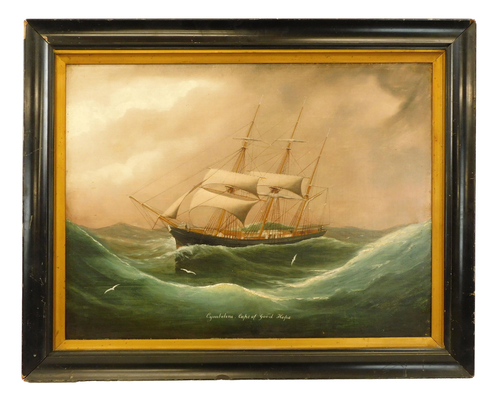 H.R. Bartlett Seascape Painting: 1875. H.R. Barlett (19th c., U.K.). Ship CYMBELINE, Cape of Good Hope. Signed H.R. Bartlett, Bristol 1875 lower right. Oil on canvas laid down on Masonite. Ship under sail in heavy seas. Modern frame.