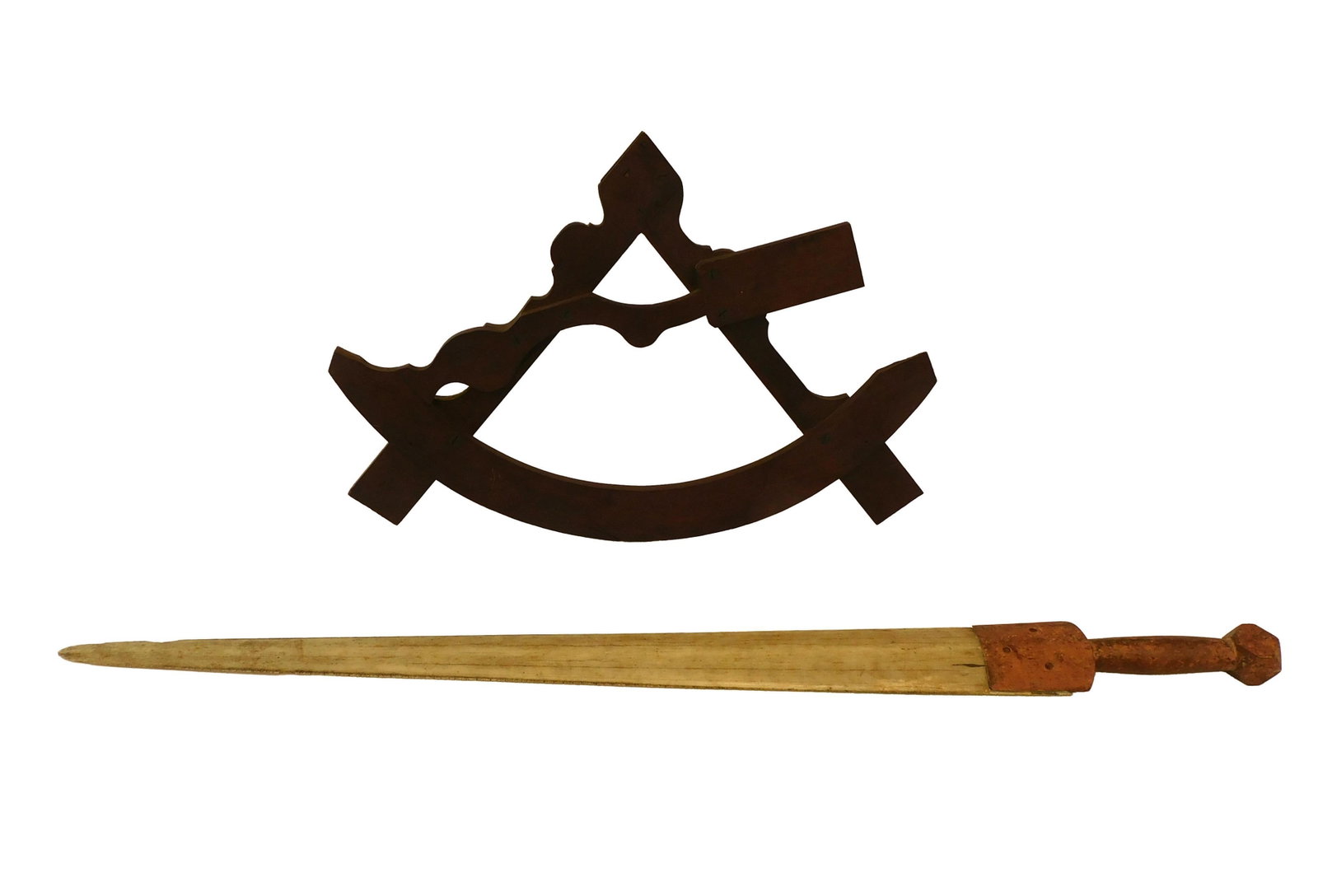 Nautical Shop Sign And Swordfish Bill Sword: 19th C. Nautical shop sign in the form of a sextant. It's 15" high x 19" wide x 1 1/2" deep. Good condition. Along with a 19th C. swordfish bill converted to a sword with carved wooden handle. 36" lon
