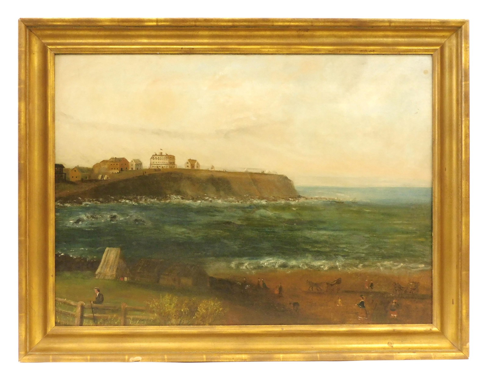 Folk Art New England Coastal Scene.: Late 19th C. Shows hotel and figures. Possibly Plymouth Beach in foreground with figures, horse drawn carriages, tents and shanties. Sight size 25 3/4" x 35 1/2". In a modern gilt frame, 32" x 42". Sh