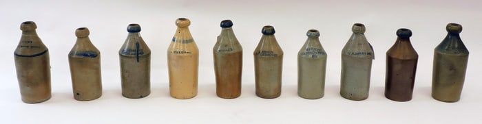 (10) Stoneware Bottles, Cobalt Blue Highlights