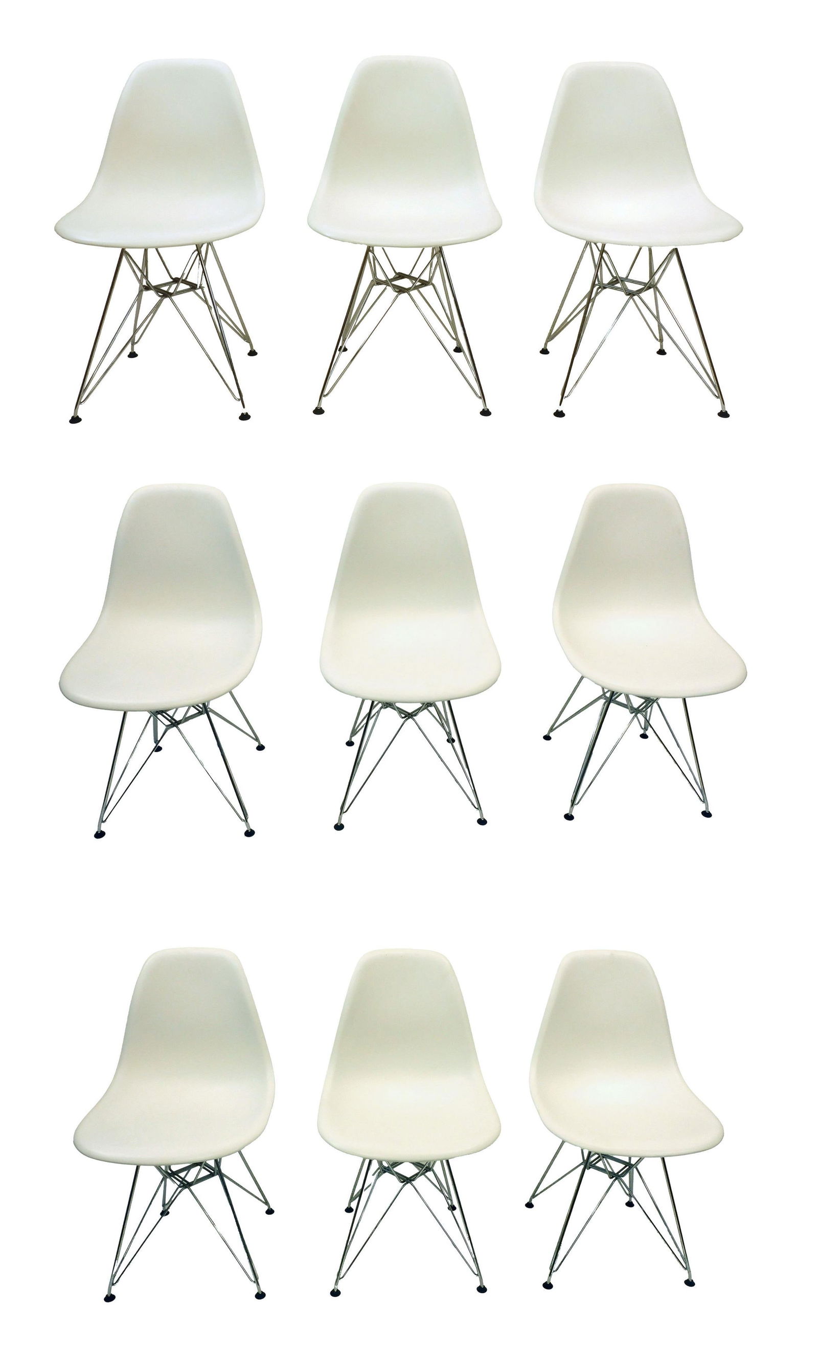 (9) Charles & Ray Eames DSR Chairs: Early 21st c. Eames design made by Vitra. White plastic and chrome with Eiffel Tower bases. 31-1/2" h x 18-1/8" w x 20" d. Very good condition. From the collection of Doris Lockhart Saatchi.