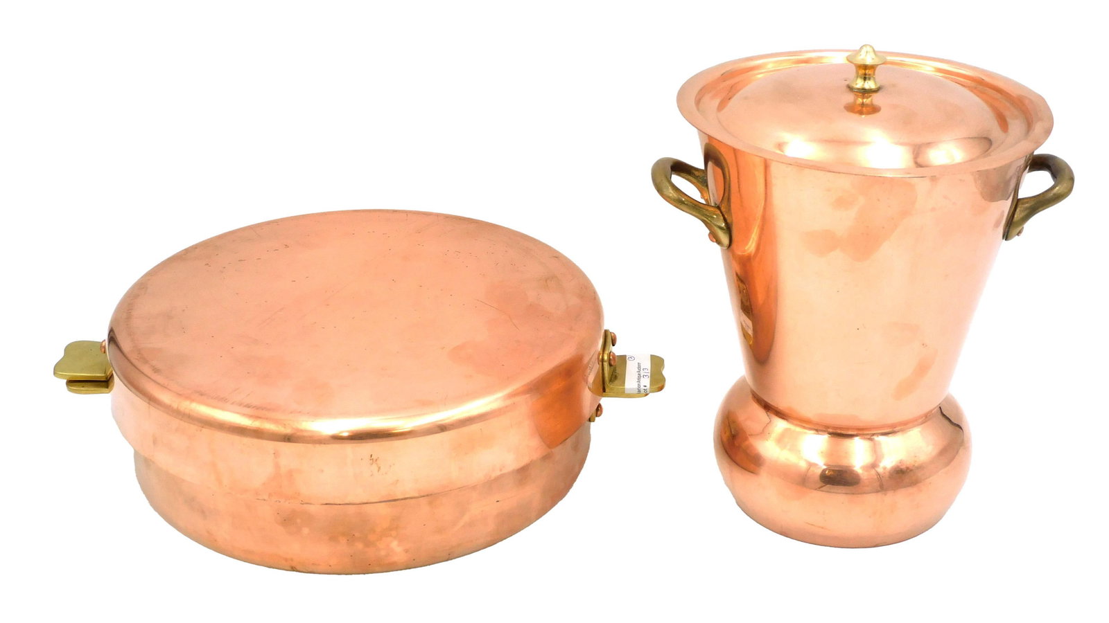 Vintage French Copper Specialty Cookware: (1) Potato Steamer or Pomme Vapeur with original disc insert. Tin lined. Lightly hammered on bottom. Marked Made in France and STL for Sur La Table. 8 1/4" high without lid, 7" top diameter. 9" long w