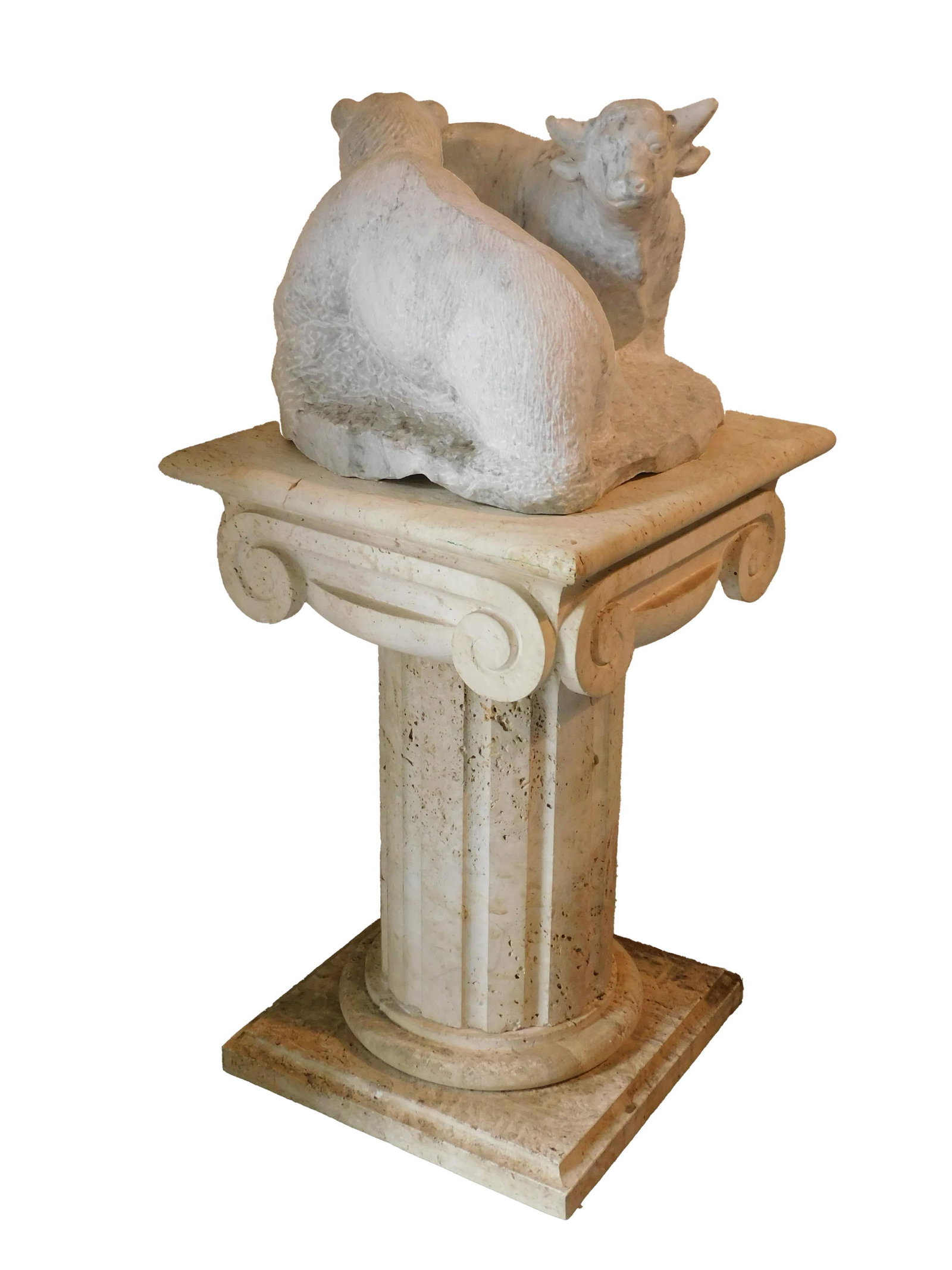 Bull And Bear Marble Sculpture: on Corinthian column stone base. 20th c. In two parts. Statue is 13" high, 16" wide x 16" deep. The base is 29" high x 19 1/4" x 19 1/4" square. Good condition.