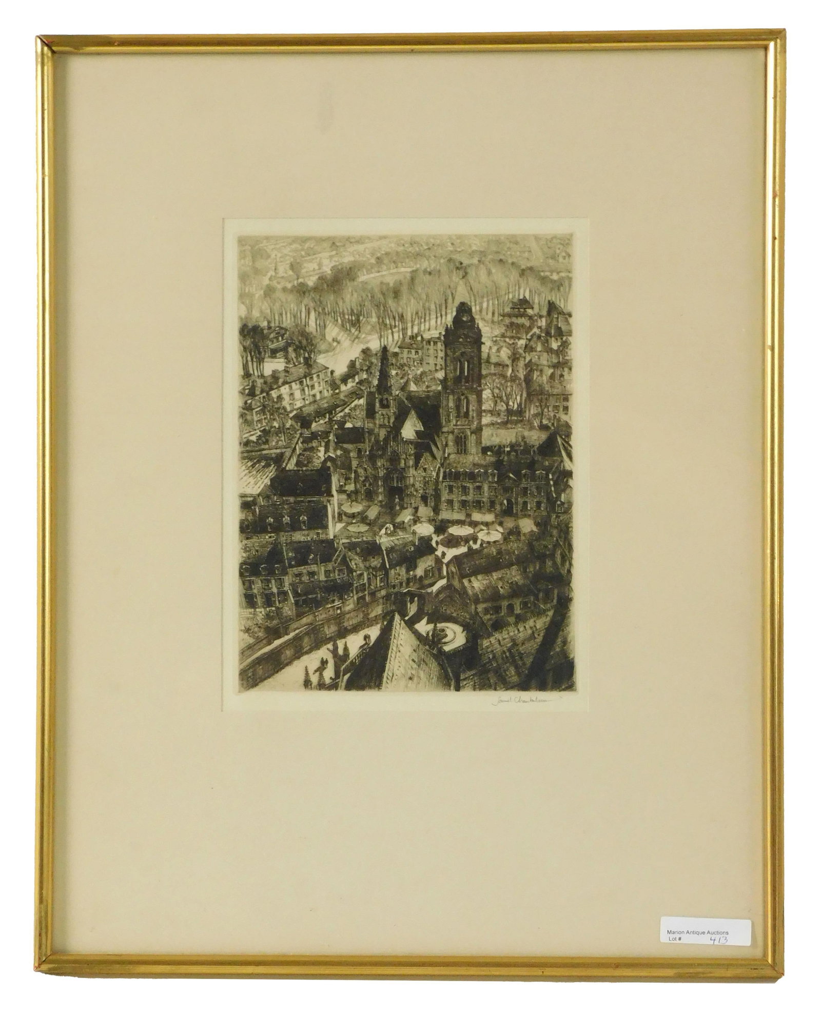 Samuel Chamberlain (1895-1975): American dry point on paper titled Early Morning Market, Senlis, 1939. Edition of 300 proofs, Chamberlain and Kingsland, 273. Signed in pencil lower right. Plate size 9" x 6 3/4", overall with frame 1