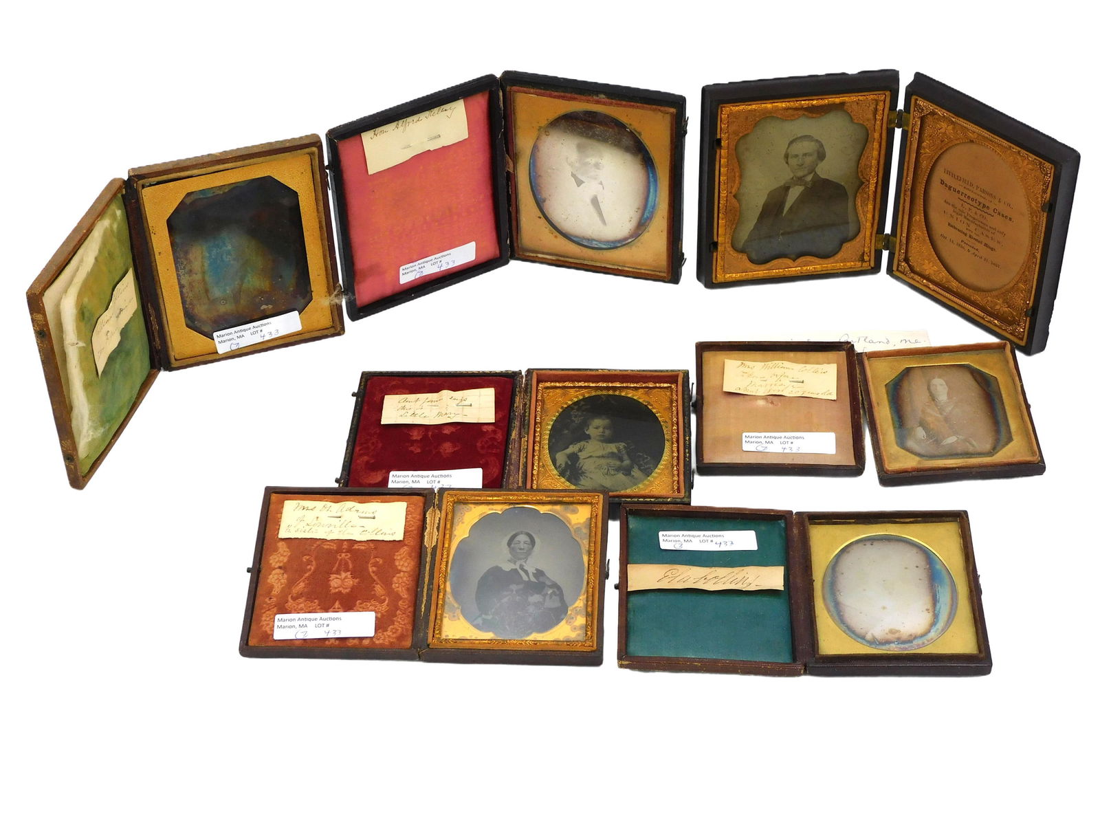 Lot Of (7) Early Photographs: to include an Ambrotype of Mrs. G. Adams of Lowville, Ohio, half-sister to Ela Collins, 3 3/4" x 3". A Daguerreotype of William Collins, Congressman for New York, in leather case 5" x 4", image is not