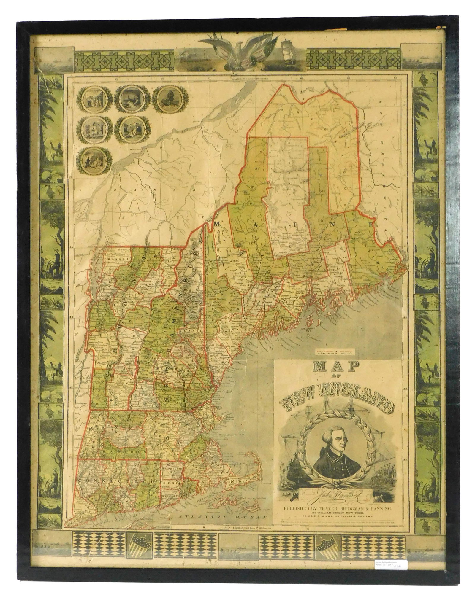1817 Map Of New England: published by Thayer, Bridgeman and Fanning, New York, 1817. Hand colored with interesting images on borders depicting native Americans, Farmers and Whaling Scenes, and an image of John Hancock in the