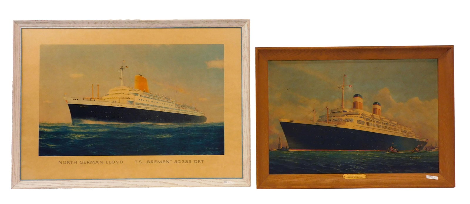 (2) Steamship Lithographs.: One depicts American Export Lines S.S. INDEPENDENCE underway in Hudson River passing Statue of Liberty. After a painting by Frederick J. Hoertz. Sight size 18-1/4" x 27". Period wooden frame 22-1/2" x