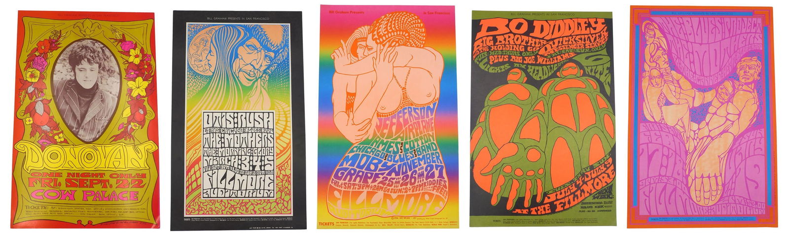 (5) Bill Graham Psychedelic Concert Posters: 1966-67; Fillmore West / Cow Palace. A) Jefferson Airplane, James Cotton, Chicago Blues Band, Moby Grape. Designed by Wes Wilson. 22-1/4" x 13-3/4"; near mint condition. B) The Blues Project (Al Koope