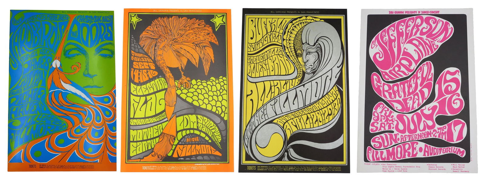 (4) Bill Graham's Fillmore West Concert Posters: 1966-67; A) Buffalo Springfield, Steve Miller Blues Band, Freedom Highway. Designed by Wes Wilson. 21-1/2" x 14"; near mint condition. B) Jefferson Airplane, Grateful Dead. Designed by Wes Wilson. 20"