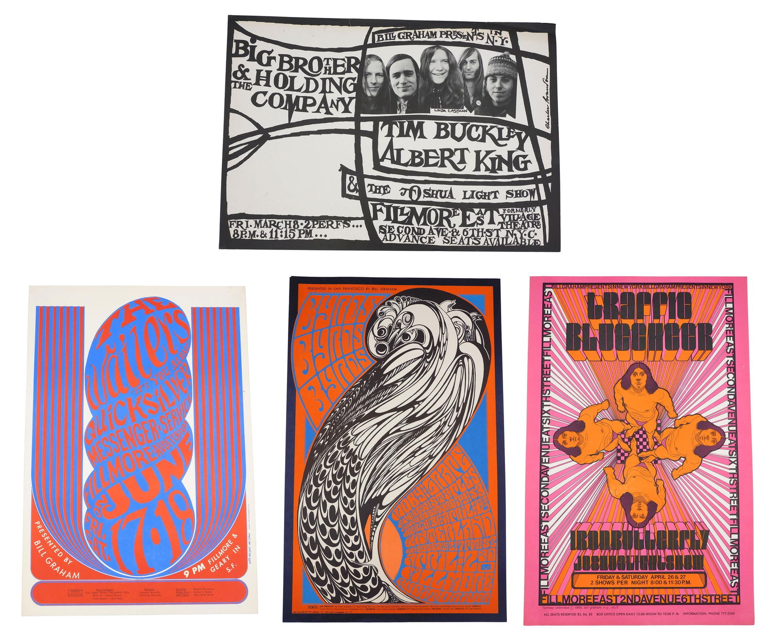 (4)Bill Graham Fillmore East/West Concert Posters: C. 1966-68; A) The Byrds, Moby Grape, Andrew Staples. Designed by Wes Wilson. 22-1/4" x 13-3/4" ; near mint condition with minor wear to top left corner. B) Traffic (Steve Winwood), Blue Cheer, Iron B