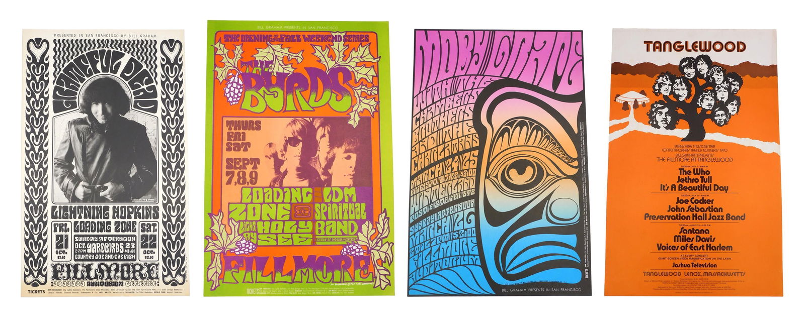 (4) Bill Graham Psychedelic Concert Posters: 1966-70; Fillmore West / Tanglewood. A) The Byrds, Loading Zone, LDM Spiritual Band. Designed by Jim Blashfield. 21" x 14"; near mint condition. B) Moby Grape, The Chambers Brothers, The Charlatans. D