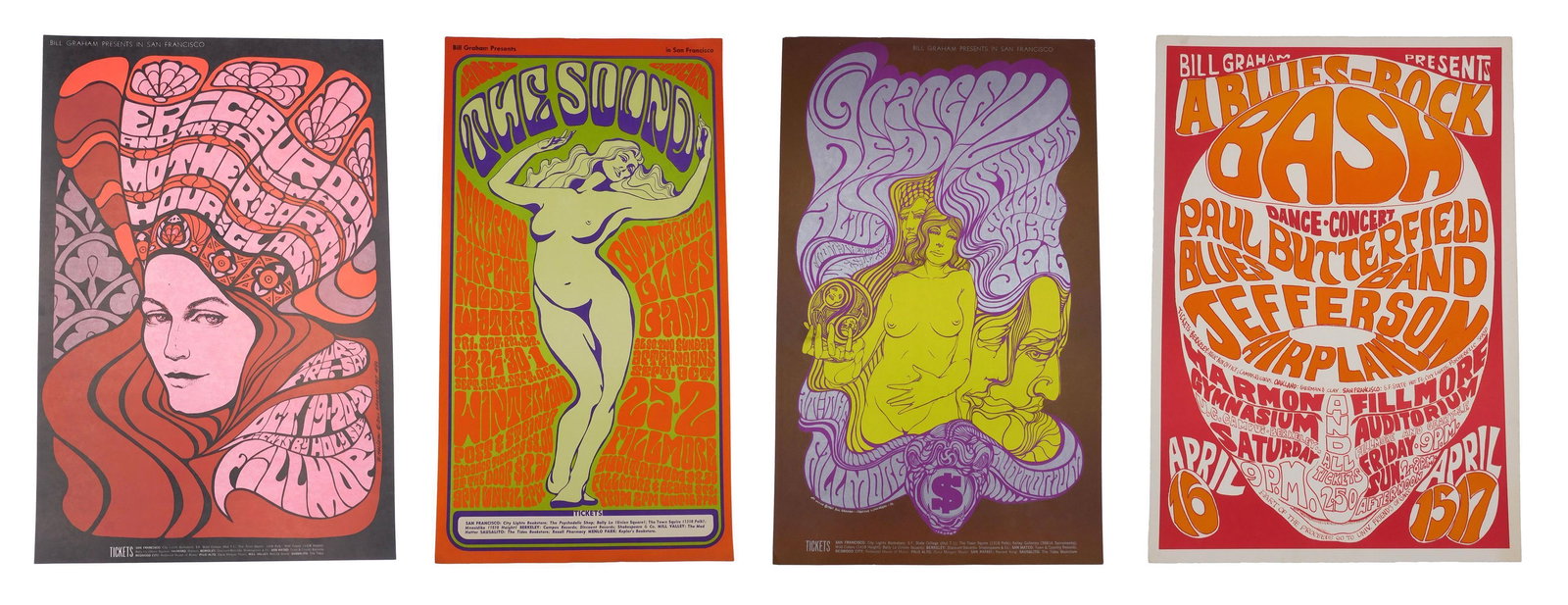 (4) Bill Graham's Fillmore West Concert Posters: C. 1966-67; A) Grateful Dead, The Paupers, Collage. Designed by Wes Wilson. 23" x 14"; near mint condition. B) Jefferson Airplane, Muddy Waters, Butterfield Blues Band. Designed by Wes Wilson. 24-1/4"