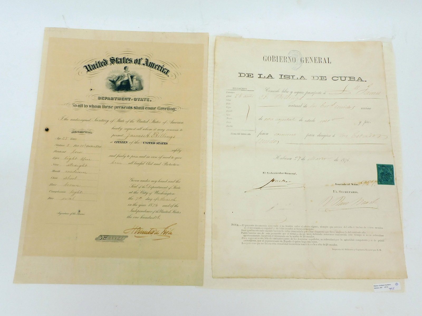 Hamilton Fish Signed Passport.: United States of American Department of State Passport for James A Billings dated March 7th, 1876. Signed at bottom by Secretary of State Hamilton Fish. The document has engraving at top of a seated L