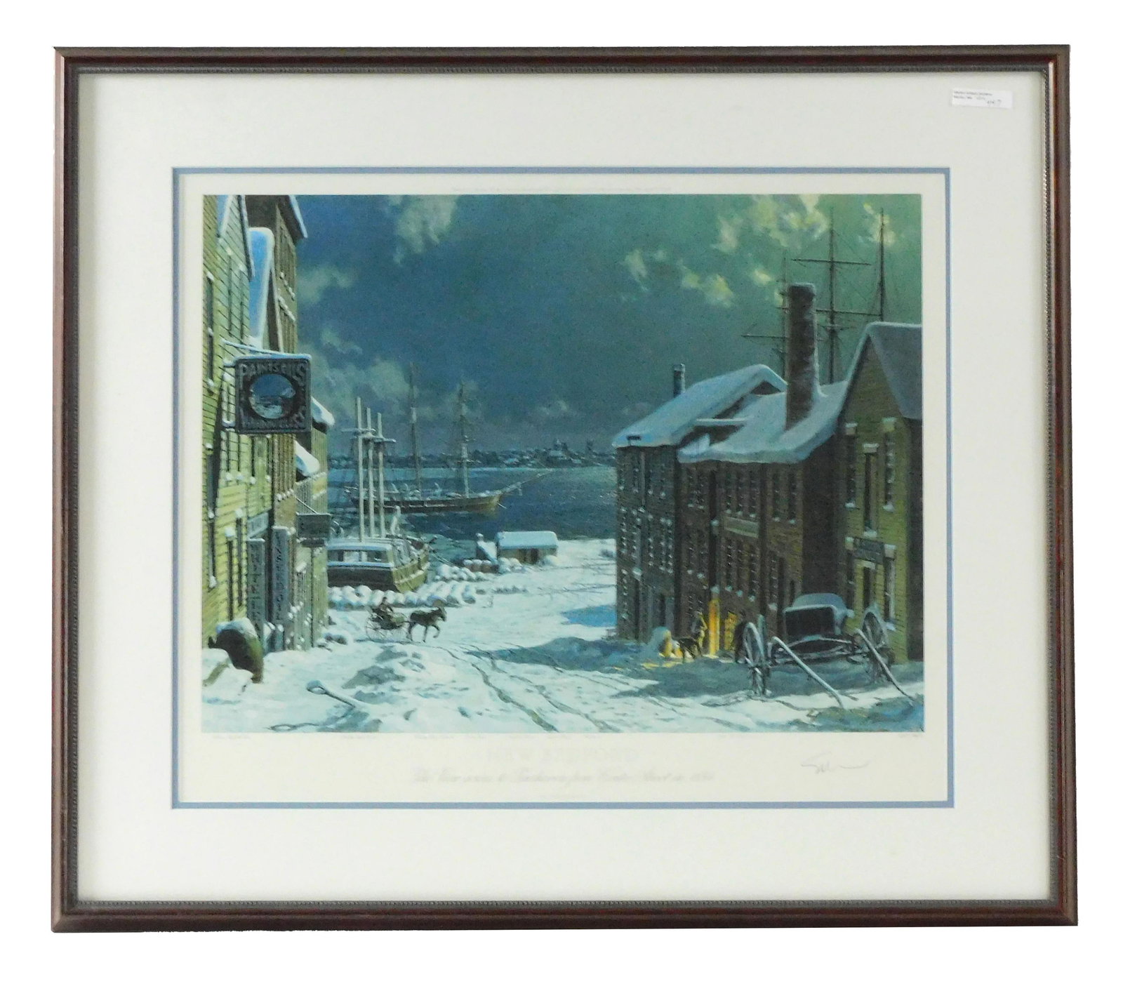 John Stobart (1929-2023) Colored Lithograph.: New Bedford Water Front in the Winter. Limited edition 637/950. Pencil signed in the margin by the artist. Sight size 18" x 22. In a high quality modern frame, 25 1/2" x 30".
