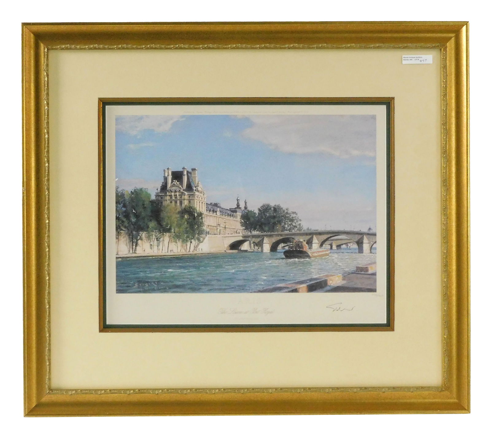 John Stobart (1929-2023) Colored Lithograph.: Paris, The Louvre at Port Royal. Limited edition 236/250. Pencil signed lower right by artist. Sight size 13 1/4" x 16 1/2". In a high quality gilded frame with complex matting. Frame measures 23" x 2