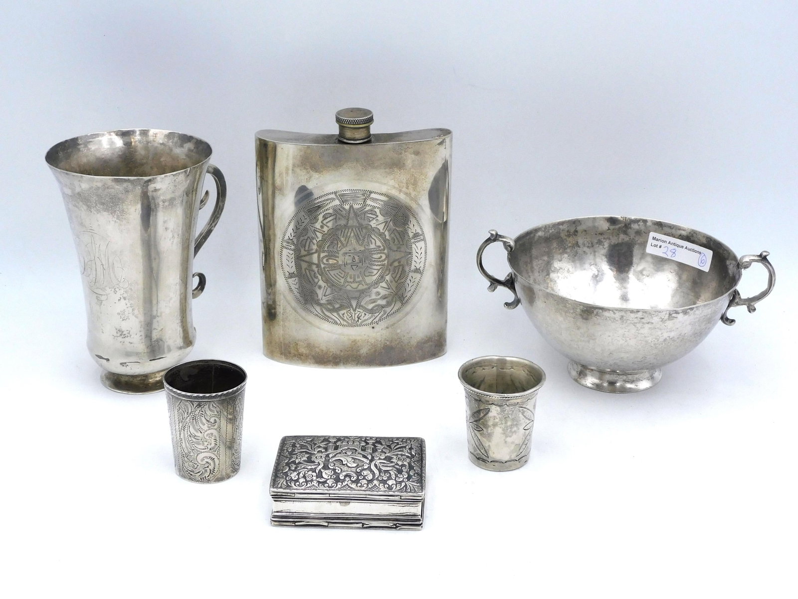 (6) Spanish Colonial Silver Items: 19th century. To include: A) Fine quality double compartment box. With floral and arabesque decoration in high repousse. Unmarked. 3" high x 2" wide x 7/8" deep. 3.21 ozt. Good overall condition, cons