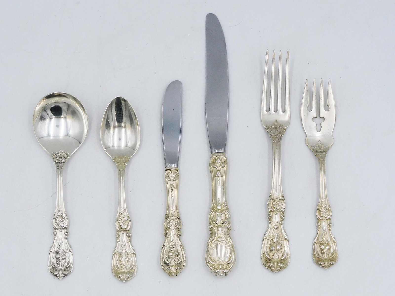 (48) Piece Reed & Barton Sterling Flatware Set: Francis I pattern.Sterling silver. (48) pieces to include: (8) teaspoons, 6" long. 8) soup spoons, 6" long. (8) dinner forks, 7 1/4" long. 8) salad forks, 6" long. (8) sterling handle butter knives, 6