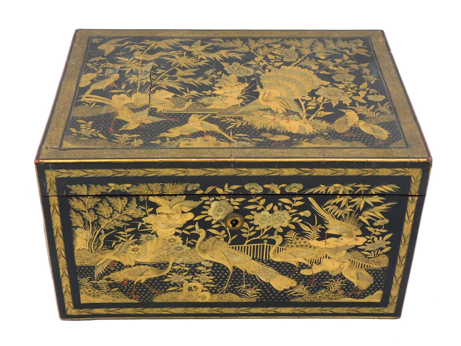 Chinese Export Lacquerware Tea Caddy: 19th century. Lift top opening to reveal a pewter compartment with engraved lid. Original key included as well as a bone caddy spoon. Overall floral and bird design on all sides, including interior of