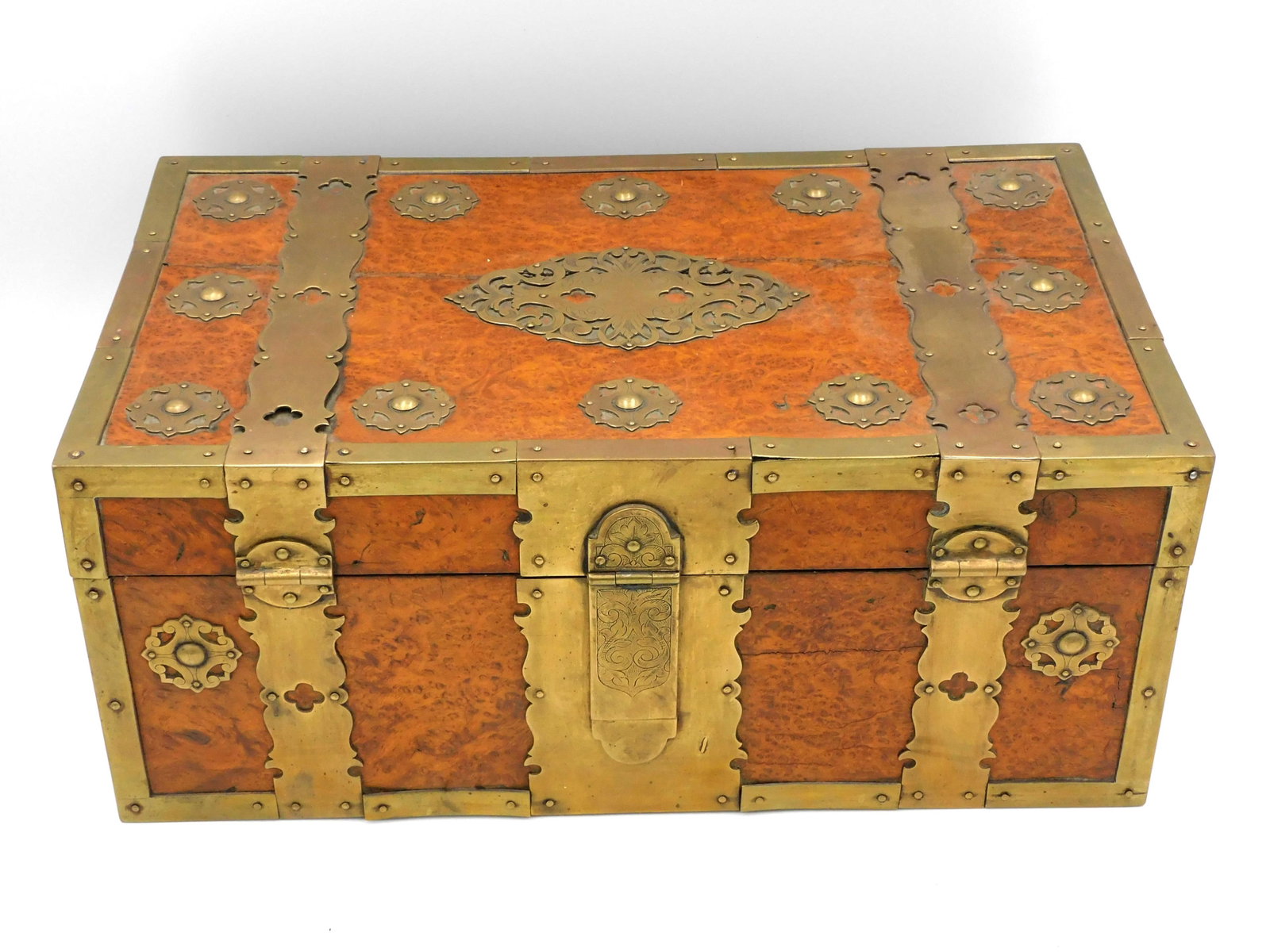 Chinese Export Covered Document Box: 19th century. Burlwood box with heavy brass hardware and trim. Engraved latch, heavy brass handles. Interior has two compartments with lift tops; one is locking with key present. 7" high x 16 1/2" wid