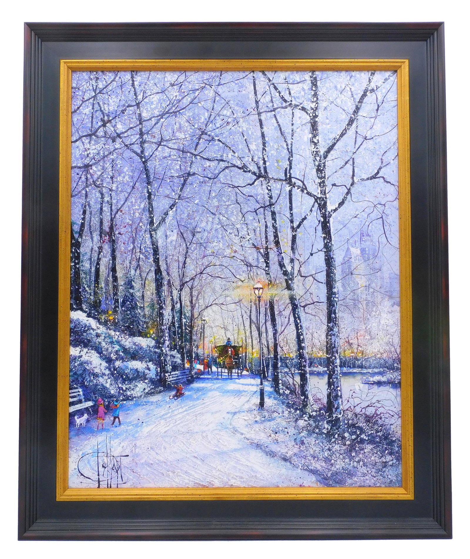 Guy Deassapt "New York City Park Winter": (French, b. 1938). Oil on canvas. Signed lower left and on verso. Sight size 20" high x 16" wide. Carved black wooden frame with gold liner measuring 24" high x 19 1/2" wide. Good condition.