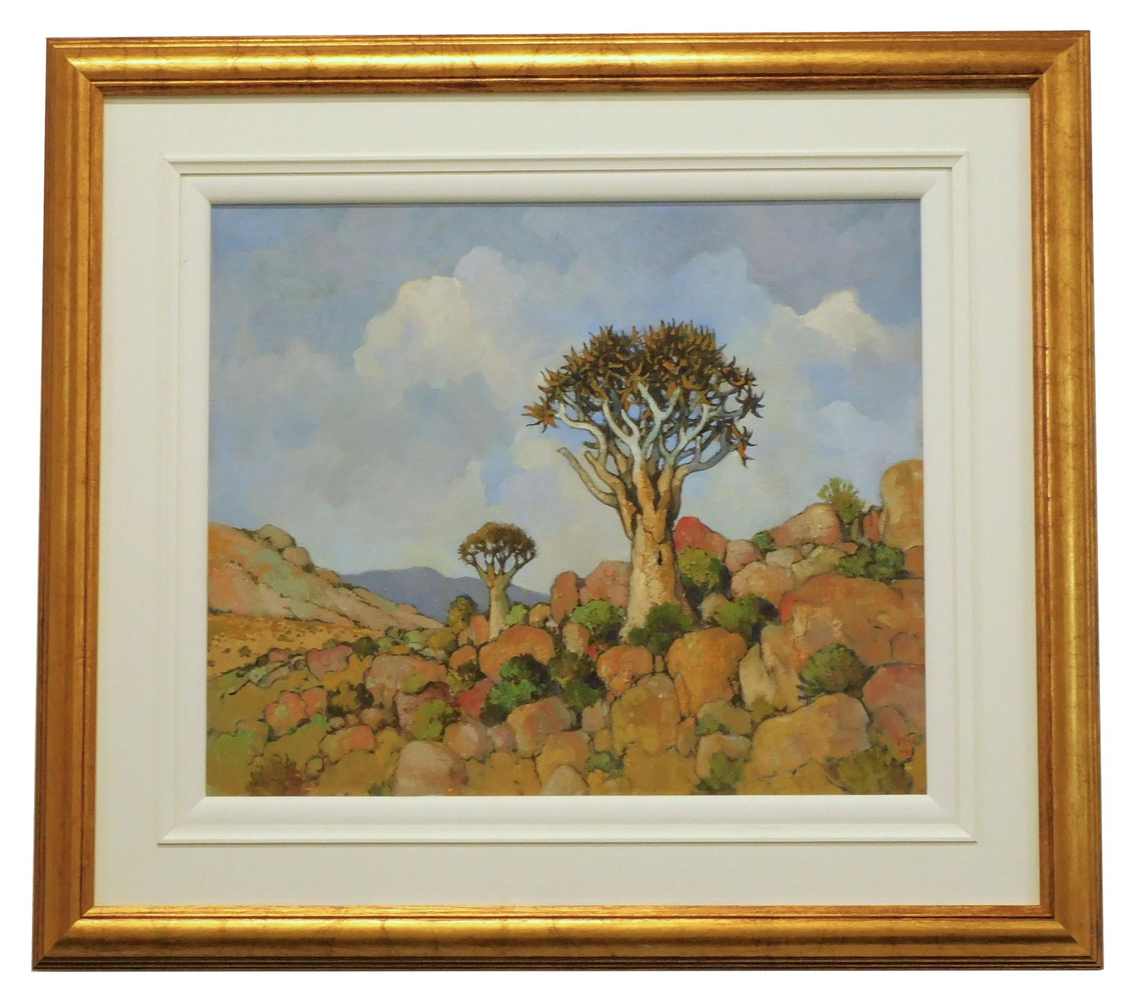 Conrad Nagel Damon Theys Namaqualand: (South Africa, b. 1940) Oil on canvas. Signed lower right and on verso. Dated 1999. Sight size: 20" high x 24" wide. Gilded frame measuring 31" high x 35" wide. Good condition.