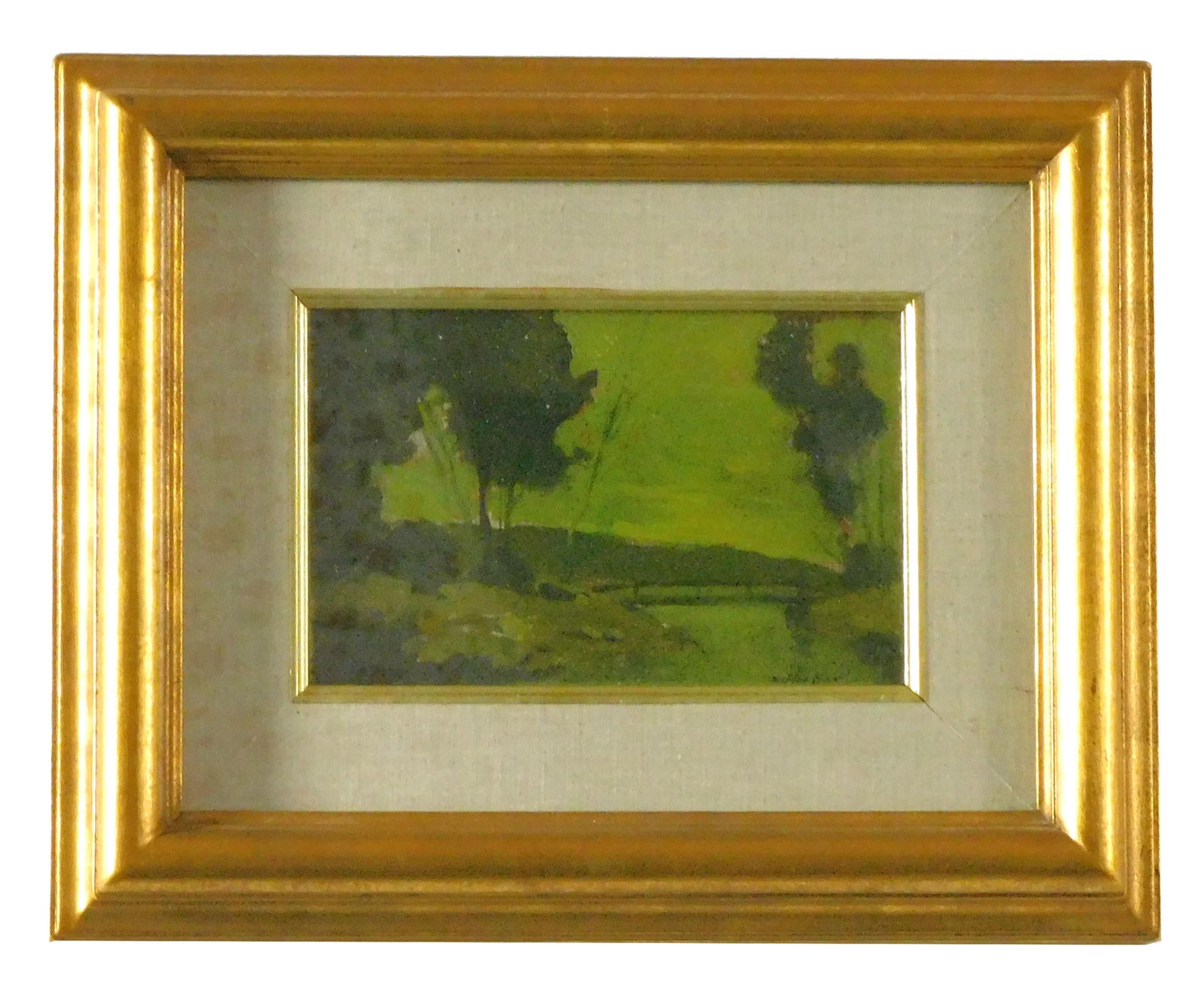 Howard Saxton Burr Landscape Painting: (American/Massachusetts, 1889-1973). Oil on board under glass. River landscape with bridge. Signed lower right. Has Old Lyme Impressionists Inc. label on verso. Sight size: 5 1/4" high x 8" wide. In a