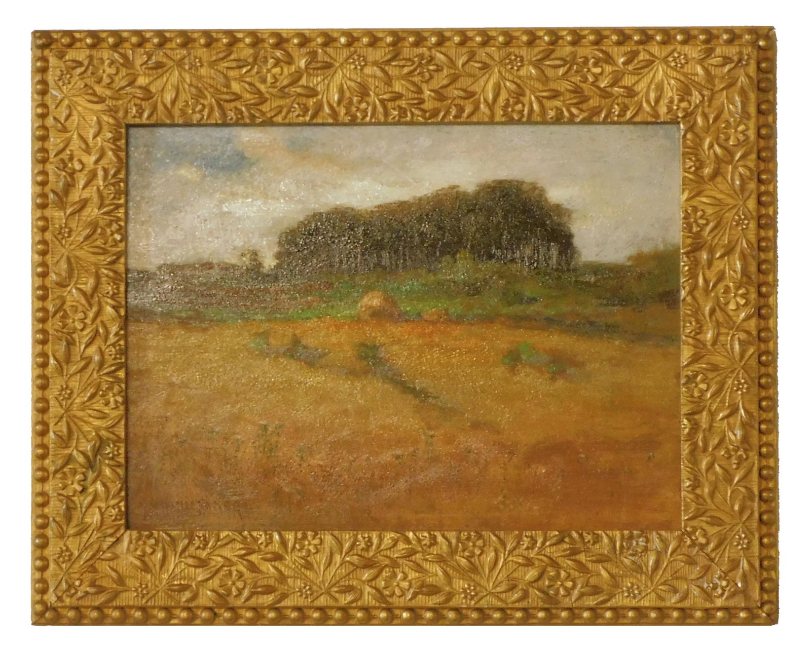 George Whittaker "Grove Autumn, East Providence": (American/Massachusetts/Rhode Island, 1841-1916). Oil on board. Landscape with haystack. Signed lower left. Titled, signed by artist and dated 1889 on verso. Sight size: 8 1/2" high x 11 1/2" wide. In