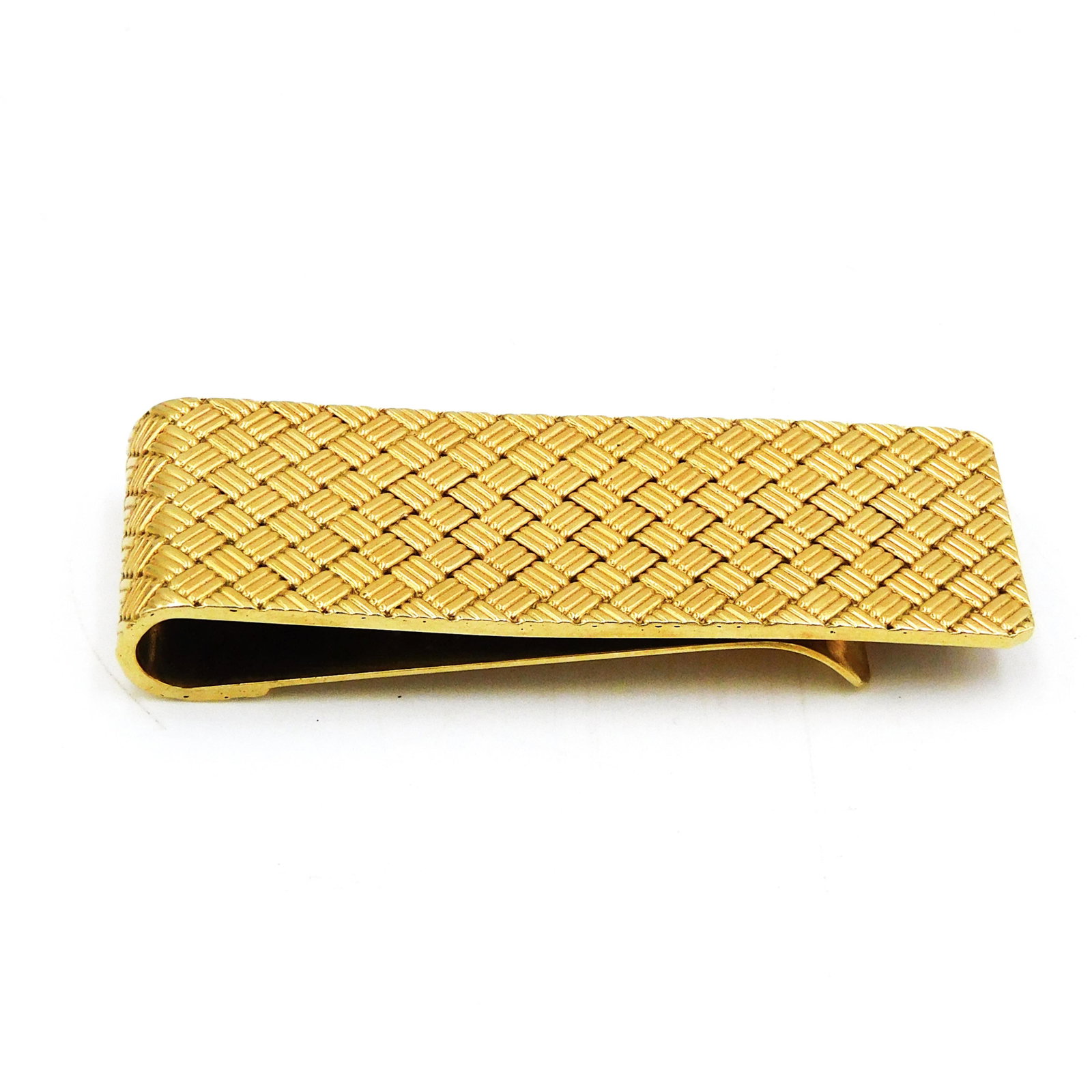 Tiffany and Company 14K Gold Money Clip: Basketweave design. 3/4" high x 2 1/8" wide. 13.3 dwt. Provenance: From the estate of Alan Gaines of A & A Gaines Antiques, Newport, Rhode Island. Shipping Restriction: Please note this lot must be pa
