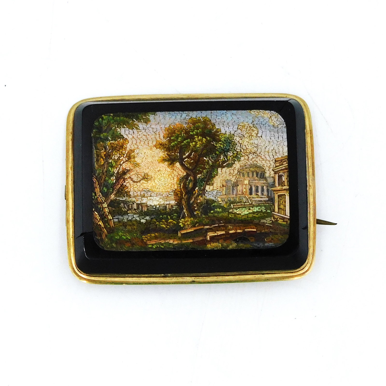 Victorian 14K Gold Mounted Micro Mosaic Brooch: Unmarked, tested 14K. Extremely fine details depict trees and ancient Greco-Roman ruins. The onyx backing shows a crack but it does not affect the mosaic scene or its integrity. C clasp. 2" wide x 1 1