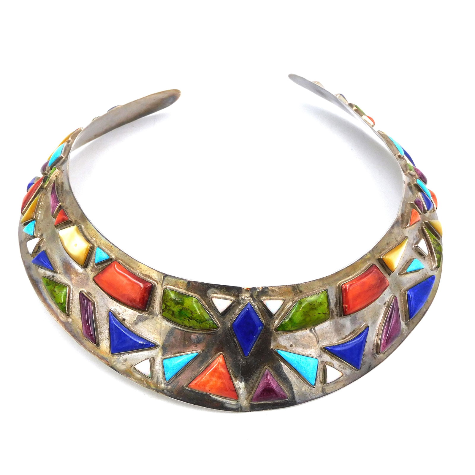 Hopi Contemporary Sterling Silver Choker: By Dawn Lucas. Set with semi-precious stones. 6" wide x 6 3/4" deep. 2.78 ozt. Shipping Restriction: Please note this lot must be paid for by cash, wire transfer or known check. Items will be shipped 