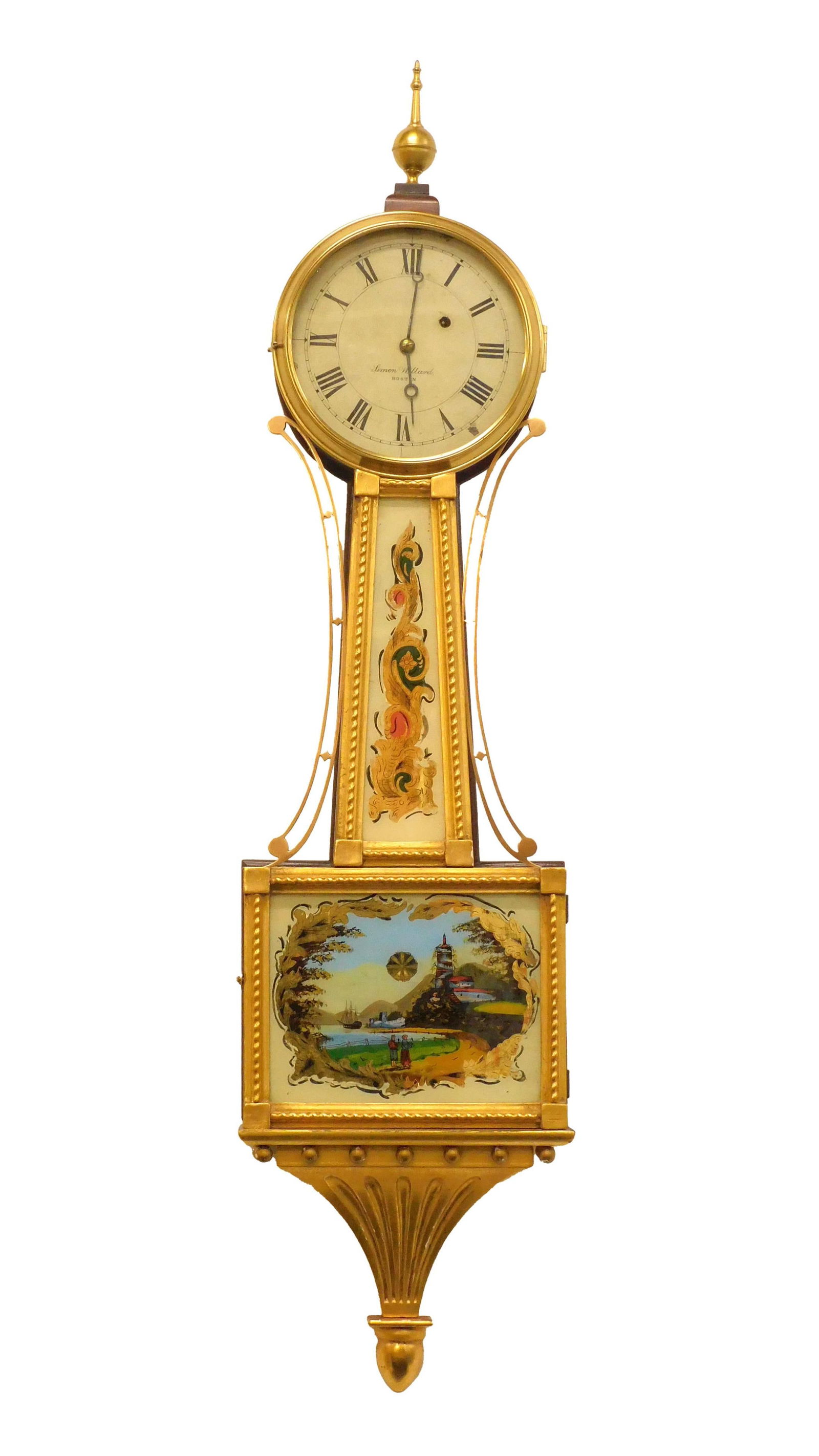 Simon Willard Banjo Clock: 19th century. Face is signed "Simon Willard, Boston MA". Mahogany case with brass urn finial, white metal dial with black Arabic numerals beneath brass and glass bezel. Gilt wood rope-molded case with