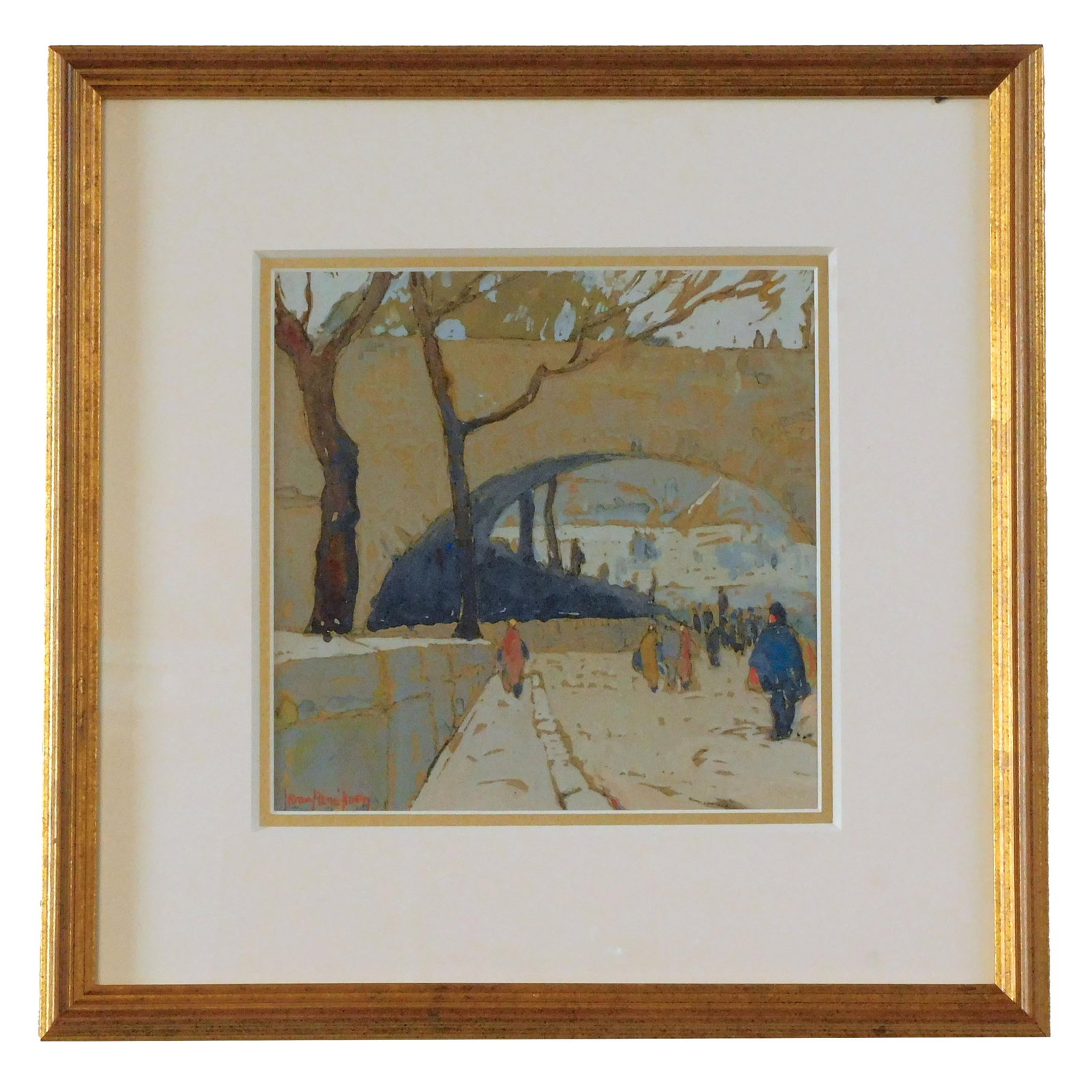 Irma Koen A Bridge Of Paris: (American, 1883-1975). Gouache on paper. Signed lower left. Sight size: 9" high x 8 3/4" wide. In a gilded frame measuring 16 1/2" high x 16 1/2" wide. Good condition.