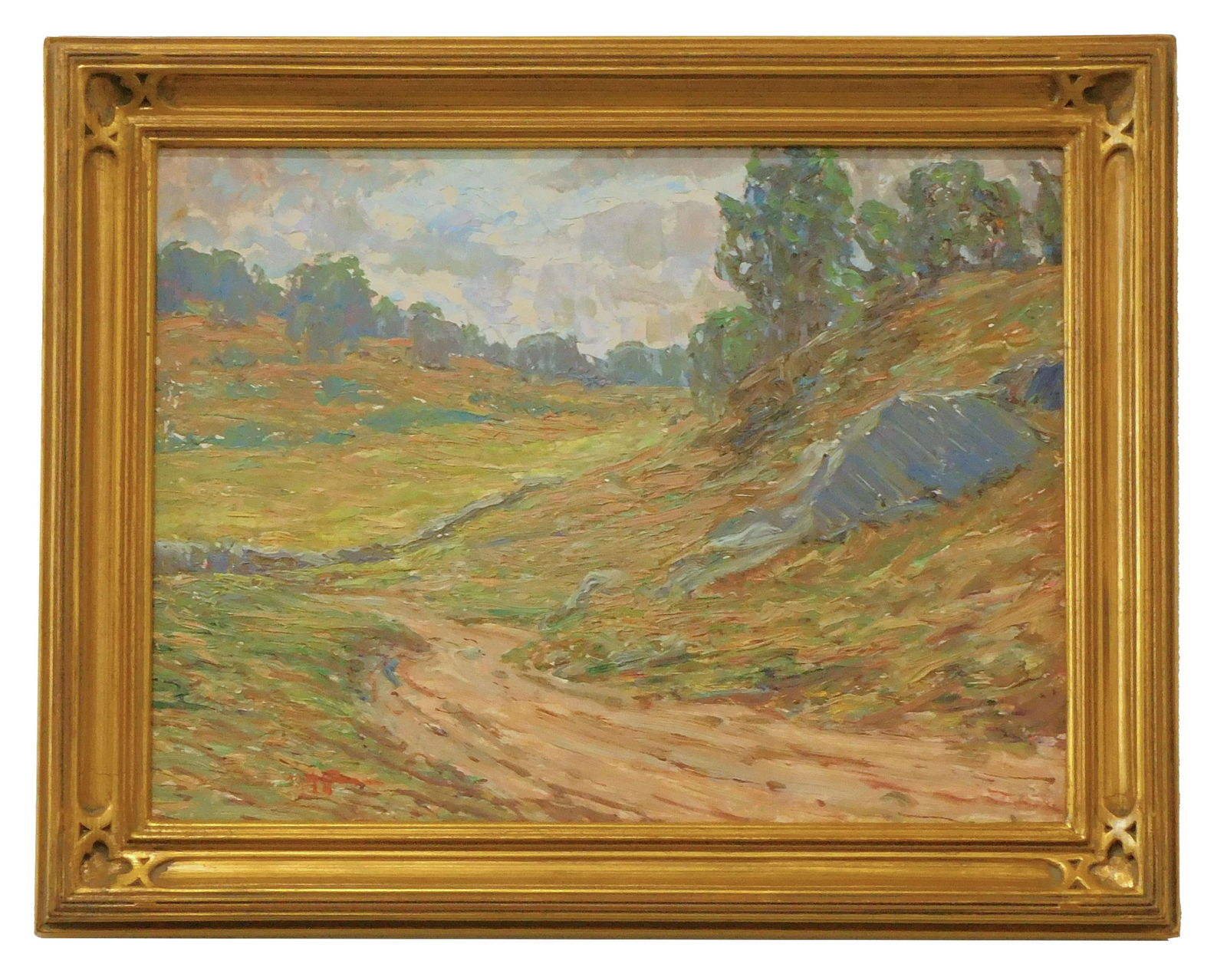 Harry Leslie Hoffman The Wood Road: (American, 1871-1964). Oil on artist board. Impressionist landscape. Signed lower left. Sight size 11 3/4" high x 15 1/2" wide. In a modern high quality carved and gilded frame measuring 15 1/2" high