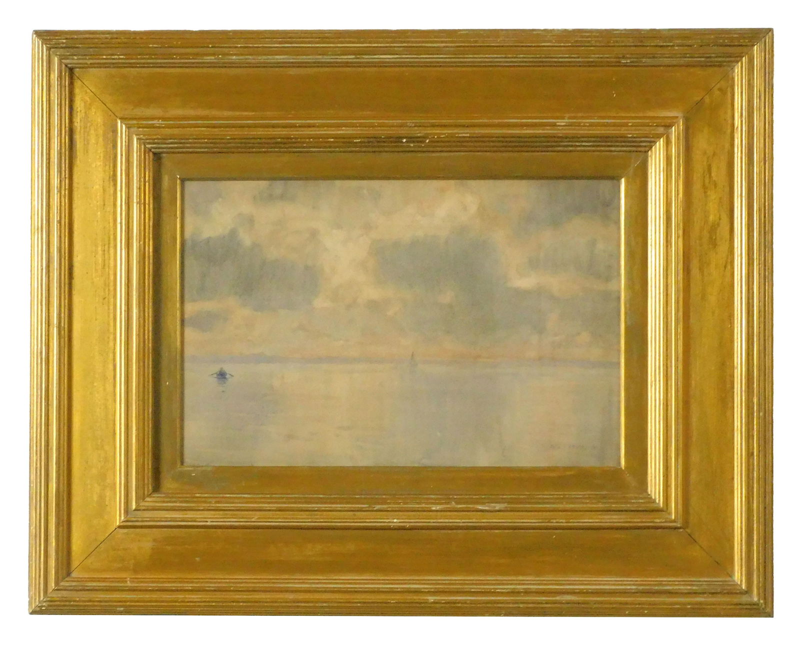 William Langson Lathrop, Sailing: (American, 1859-1938). Watercolor on paper. Titled "Sailing." Signed lower right. Sight size: 9 1/2" high x 14" wide. Stamp in upper right corner: "E. Montrose Art Materials". In an exceptional period