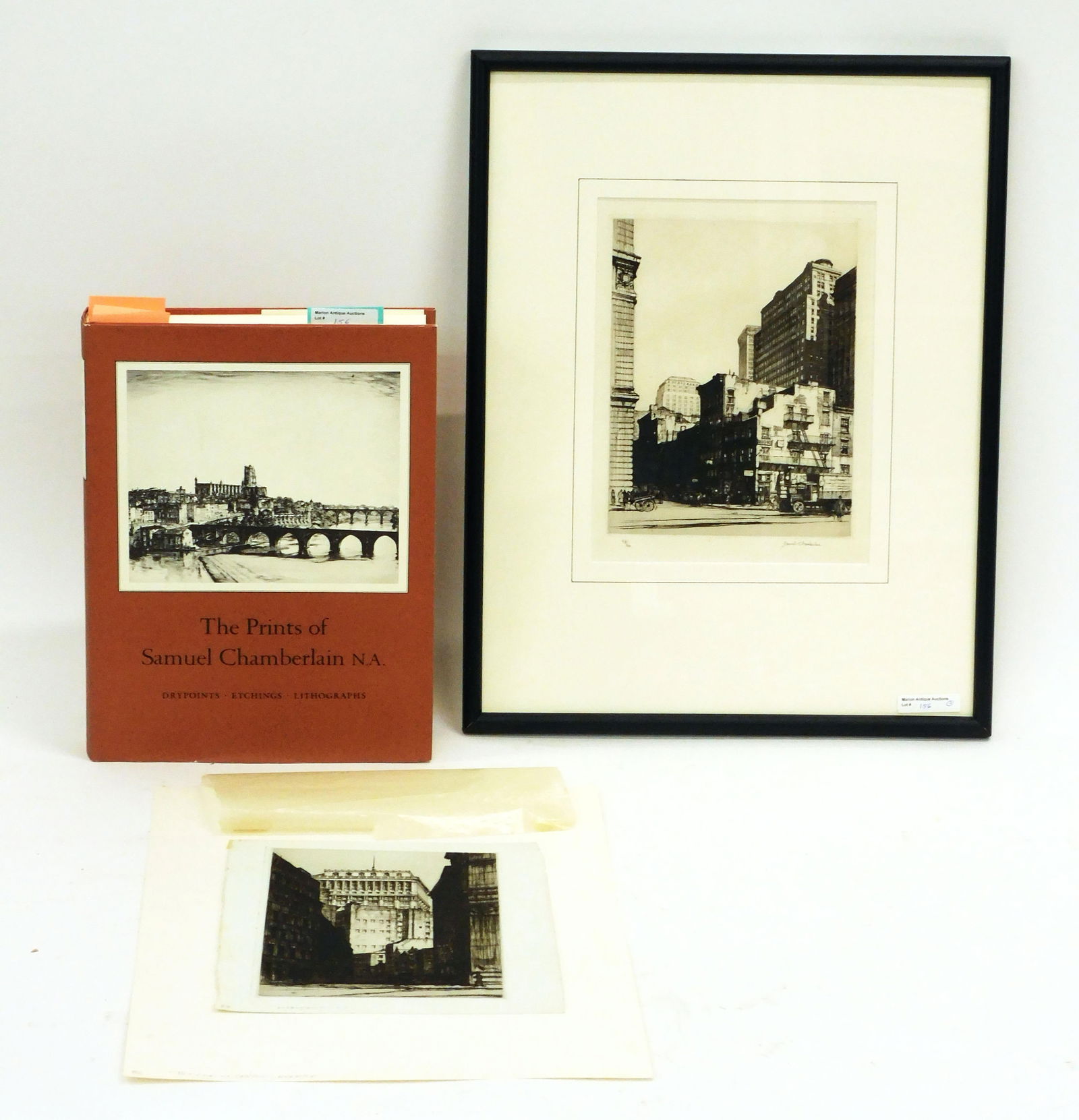(2) Samuel Chamberlain, New York City Etchings: (American, 1895-1975). To include: A) "The Curving Canyon New York". 1929. Chamberlain and Kingsland #86. Edition 65. Unsigned but identified in pencil on bottom. 10 1/4" high x 8" wide. Not laid down
