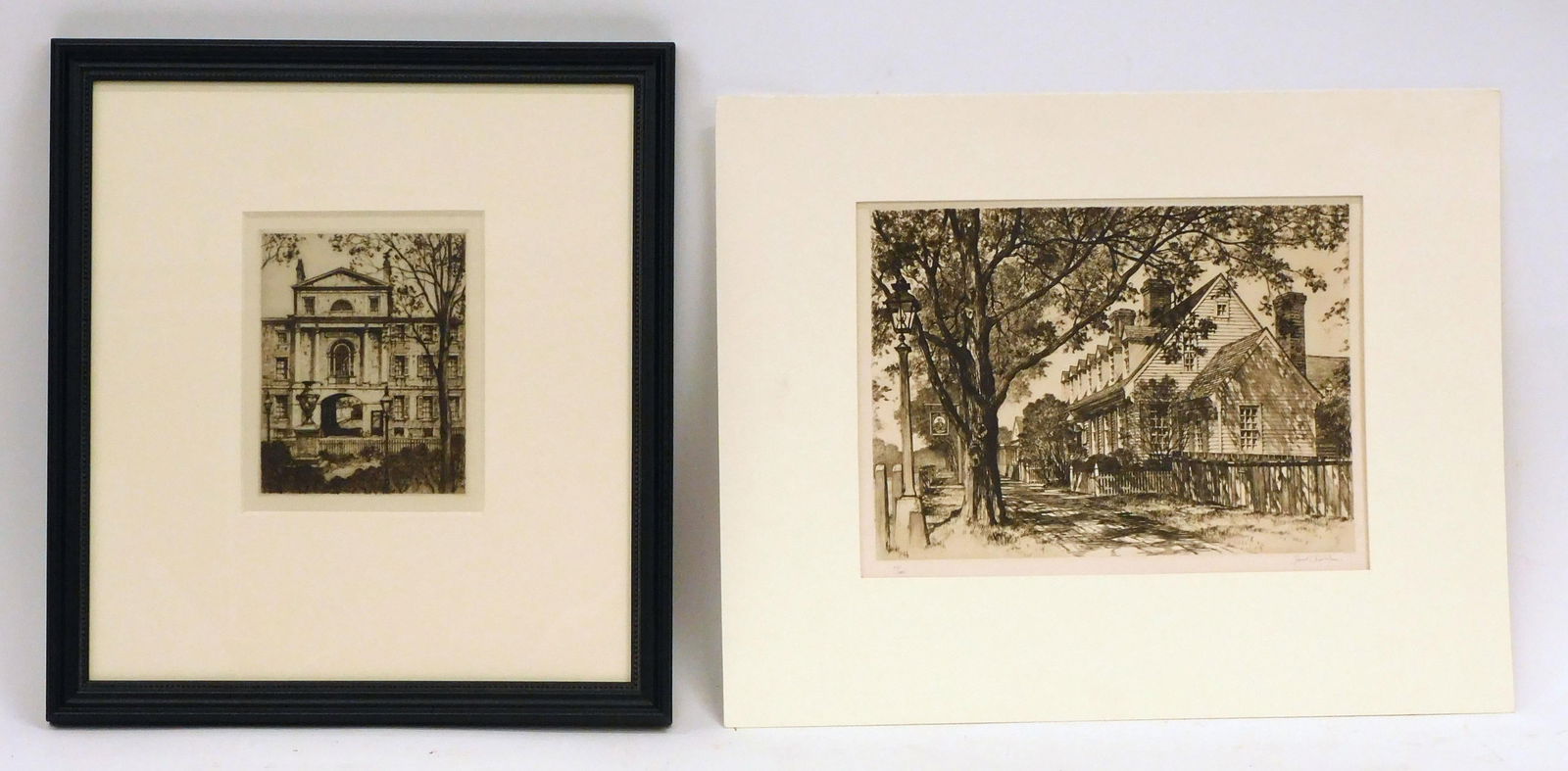 (2) Samuel Chamberlain Drypoint Etchings: (American, 1895-1975). To include: A) The Raleigh Tavern, 1938 edition 27 of 100, signed lower right, titled and numbered lower left, on ivory woven B.F.K. paper. Catalogue Raisonne ? Raleigh Tavern,