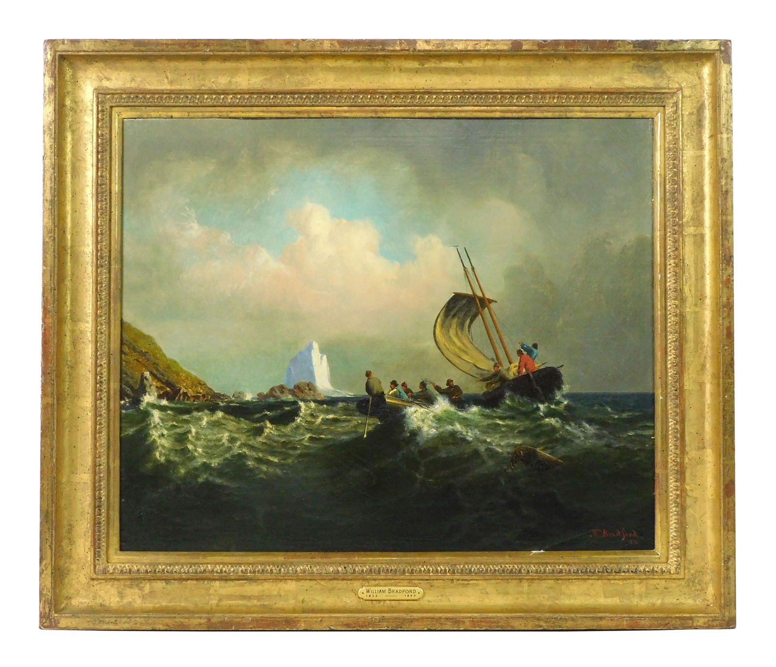 William Bradford, Rescue From The Rocks: (American/California/Massachusetts, 1823-1892). Oil on canvas. Arctic coastal seascape scene with figures in two boats. Signed and dated 1864 lower right. Sight size 17" high x 21" wide. In a modern c