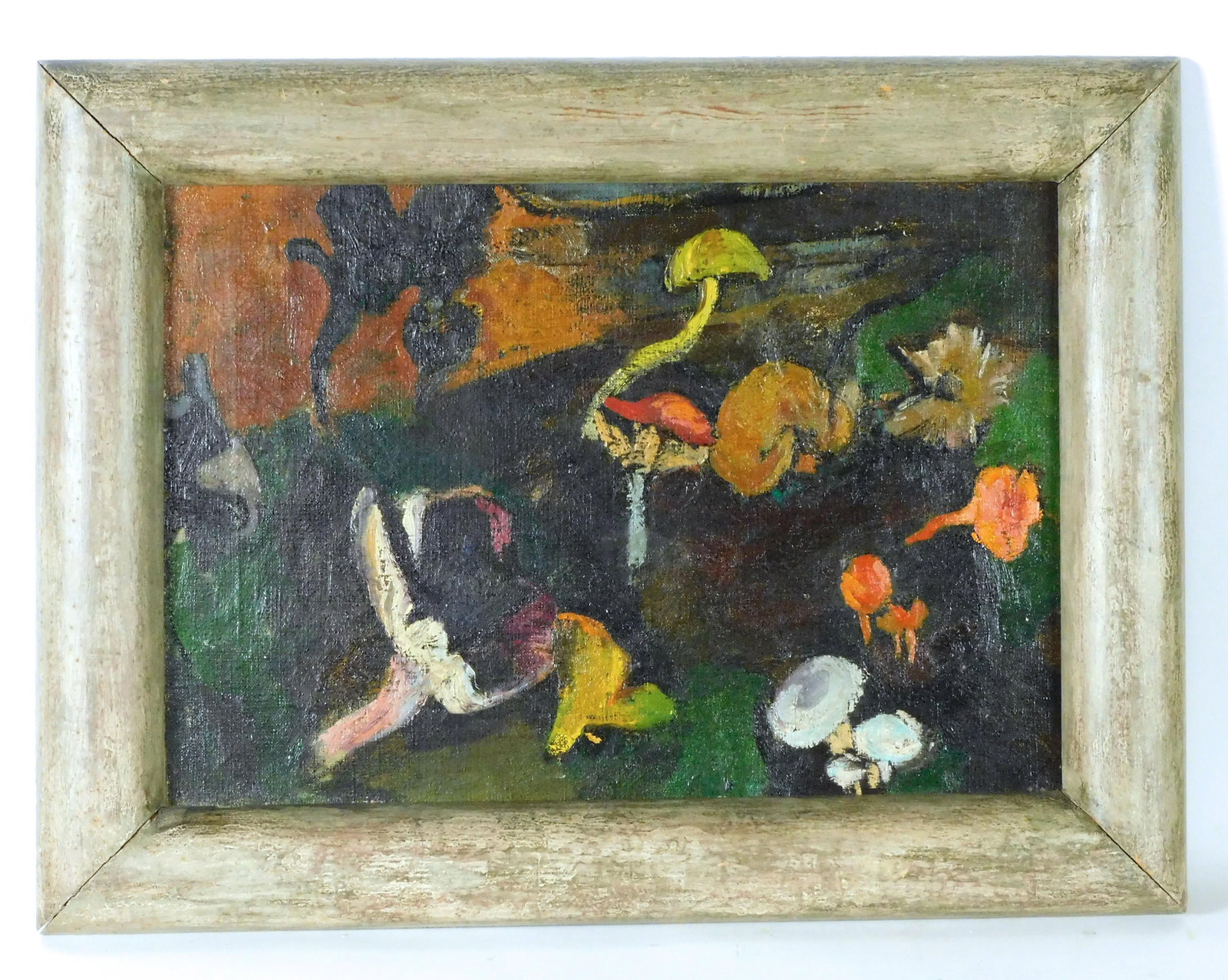 Ross Braught Mushroom Painting: (American/New York/Missouri, 1898-1983). Oil on canvas. Titled "Mushrooms". Signed and dedicated on verso. Sight size 14" high x 20 1/2" wide. In painted wooden frame measuring 19" high x 25" wide. Sh