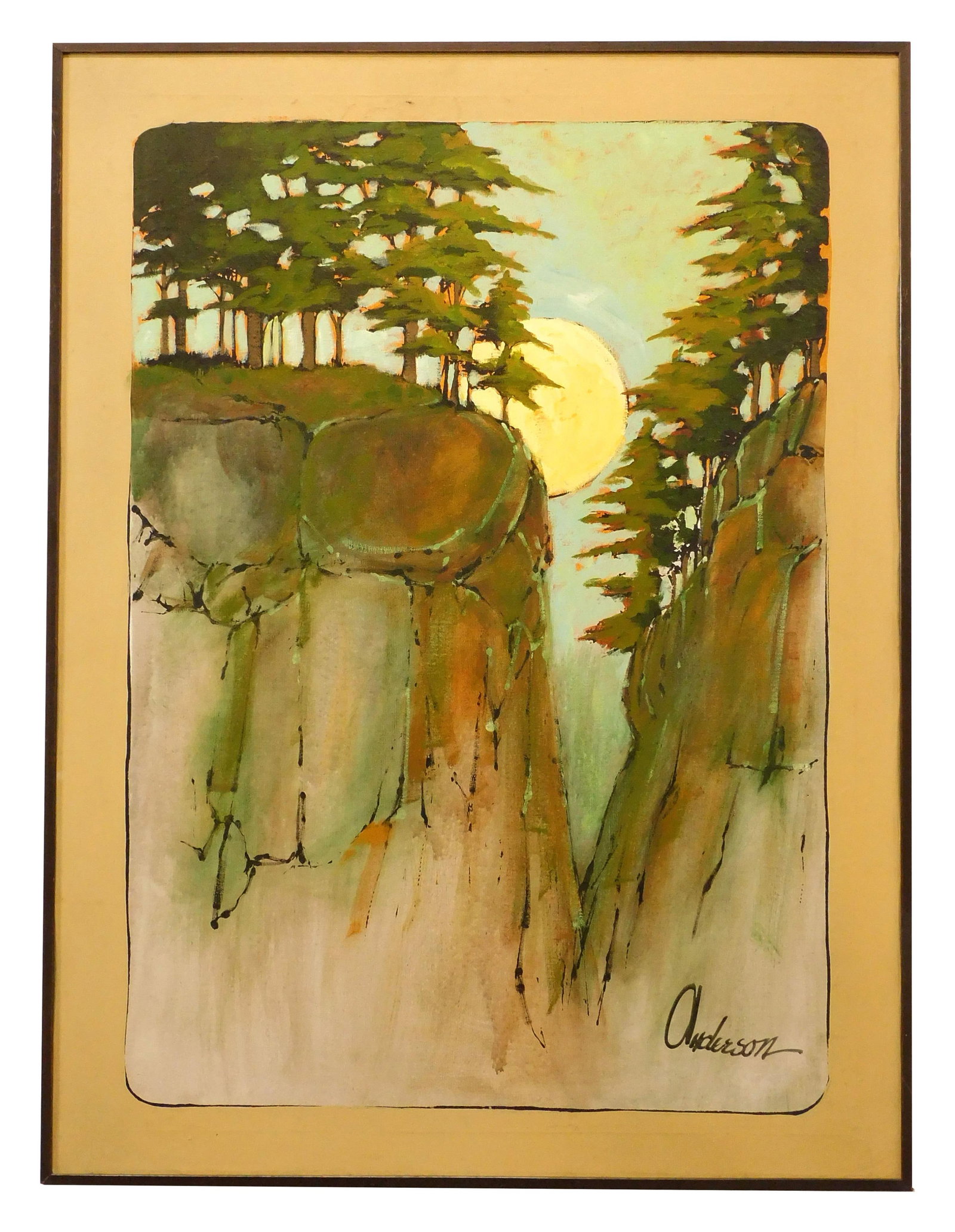 Arts and Crafts Painting of Moonlit Pine Trees: 20th century. Oil on canvas. Signed "Anderson" lower right. Sight size: 40" high x 29 1/2" wide. In a thin wooden frame measuring 40 1/2" high x 30 1/2" wide. Good condition.