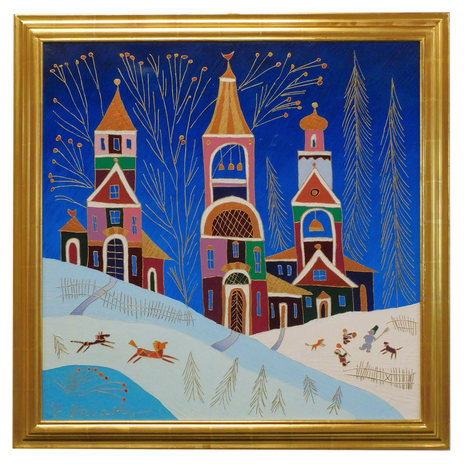 Yuri Gorbachev Winter Village Scene: (American/New York/Russian Federation, b. 1948). Oil on canvas. Titled "Winter Village Scene." Signed lower left and on verso. Dated 1991. Sight size 30" high x 30" wide. In a modern gilded frame meas