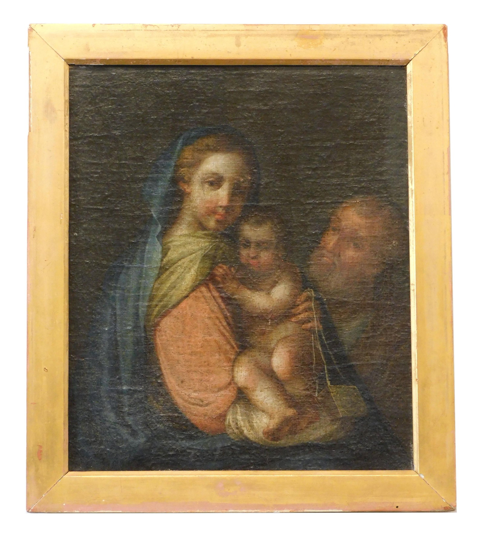 Holy Family Painting: 17th/18th century. Oil on canvas. Unsigned. Inscribed "di Gurrci" on verso. Depicting the holy family. Sight size: 18" high x 15" wide. In a period stretcher and 19th century gilded frame measuring 21